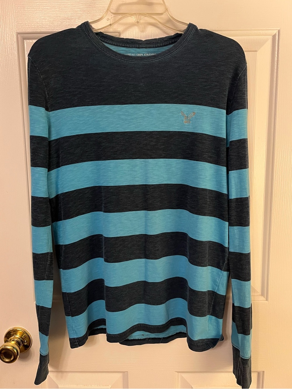 Vtg Y2K American Eagle Striped Long Sleeve Tee Shirt Teal/Navy Logo Athletic Fit
